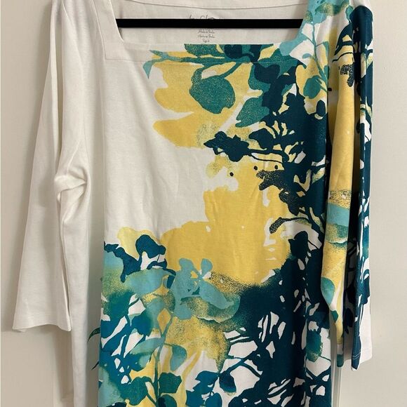 Chico's Square Neck Tee Spring Floral Theme Size 4 3/4 Sleeve Color Teal - Picture 4 of 12